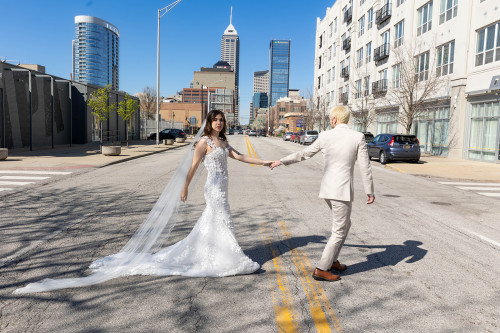 Bride and groom outside 600 East Events